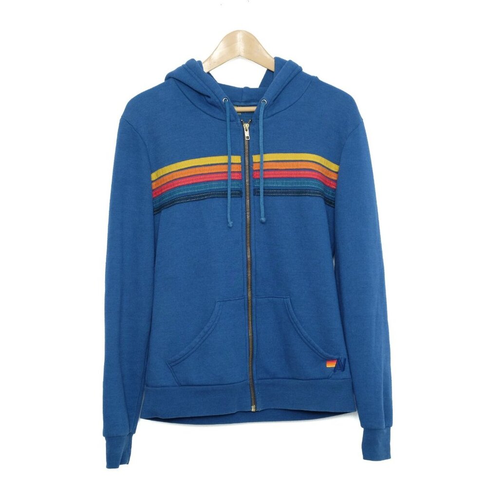 Aviator Nation 5 Stripe Full Zip Hoodie Sweater Sweatshirt Size Small Blue